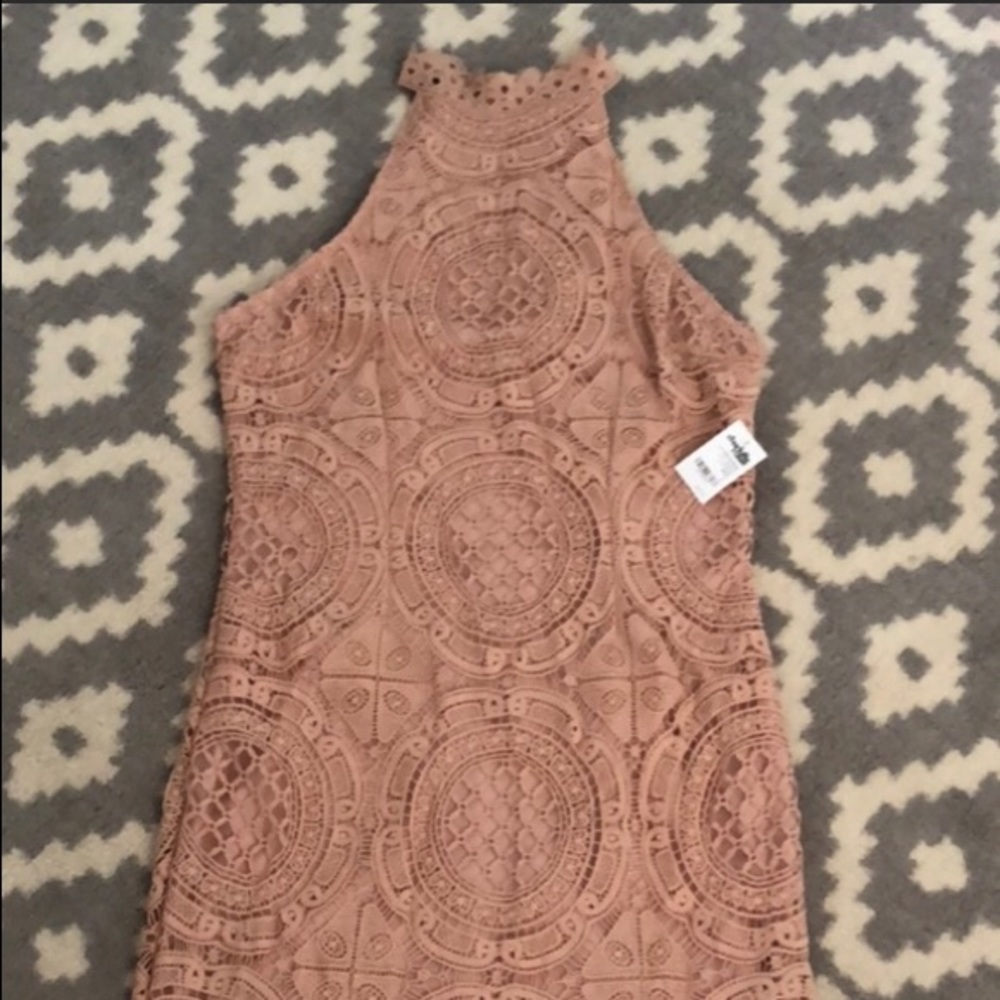 Tan sleeveless high collar dress